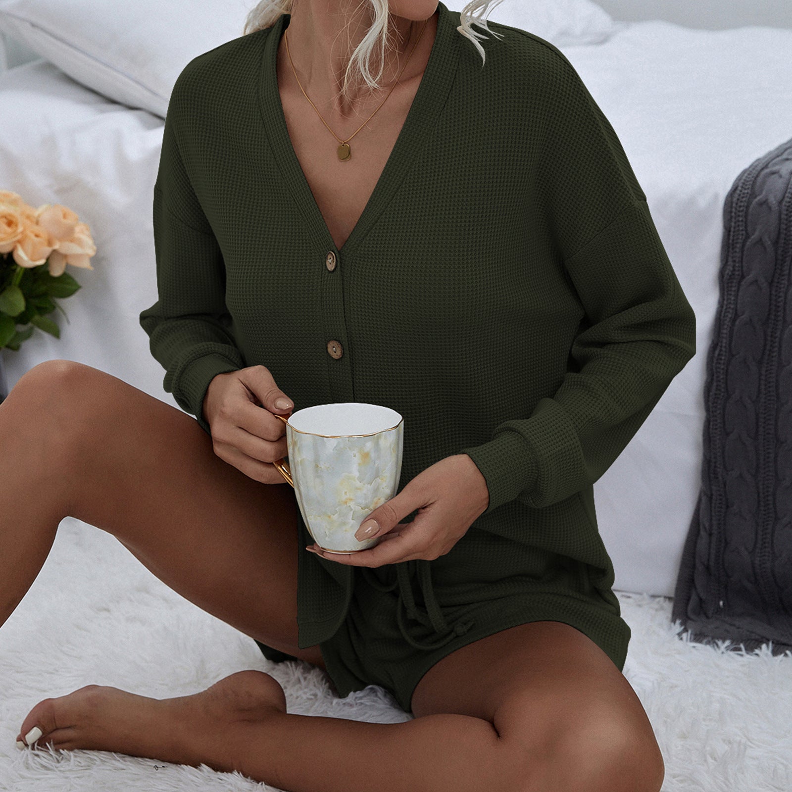 Waffle Polyester Two Piece Loungewear Pants Set Unisex