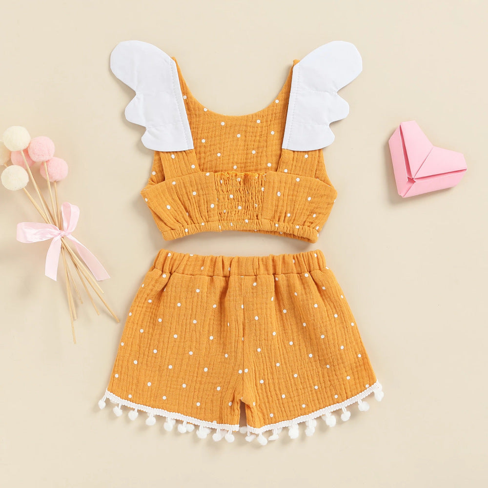 Girls Baby Cotton Linen Polka Dot Outfit – European and American Style Vest and Shorts Set for Children’s Clothing