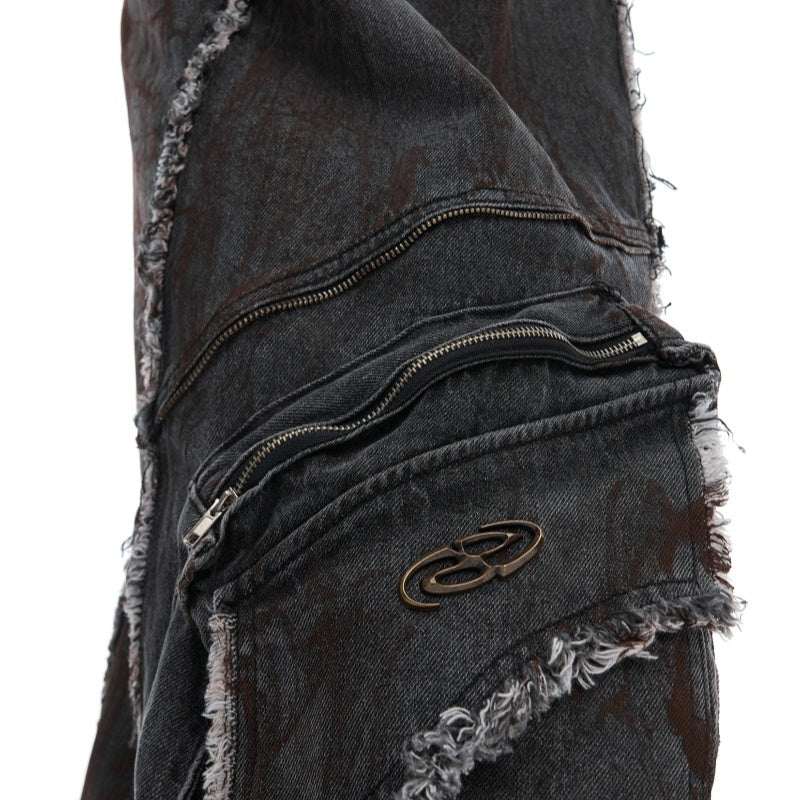 Raw Edge Splash-dyeing Distressed Padded Shoulder Denim Coat