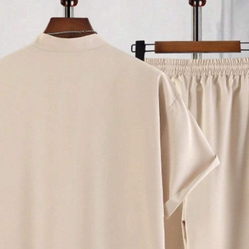 Men's Short Sleeve Cardigan Stand Collar Shirt Pants Suit