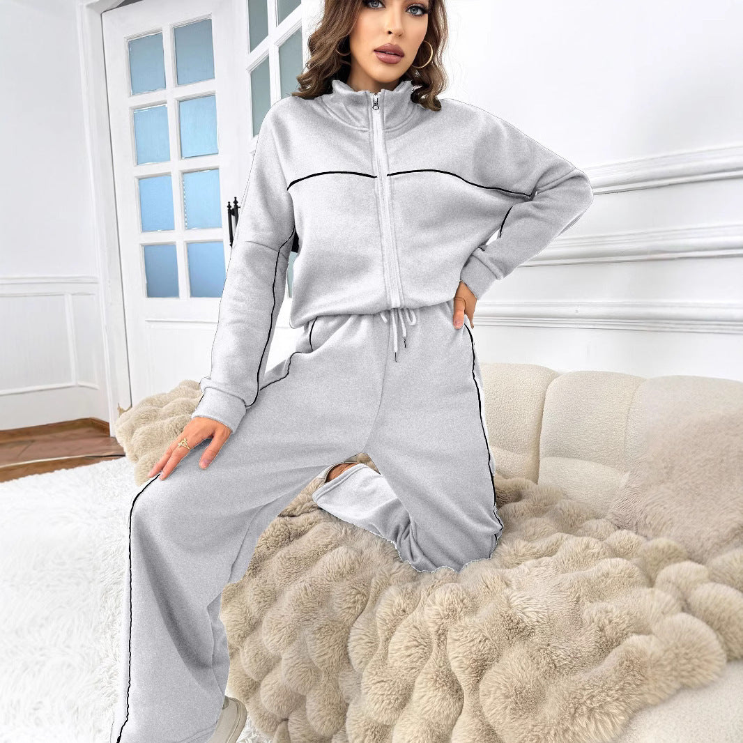 Women's Casual Long-sleeved Half Turtleneck Cardigan Sweater Lace-up Striped Trousers