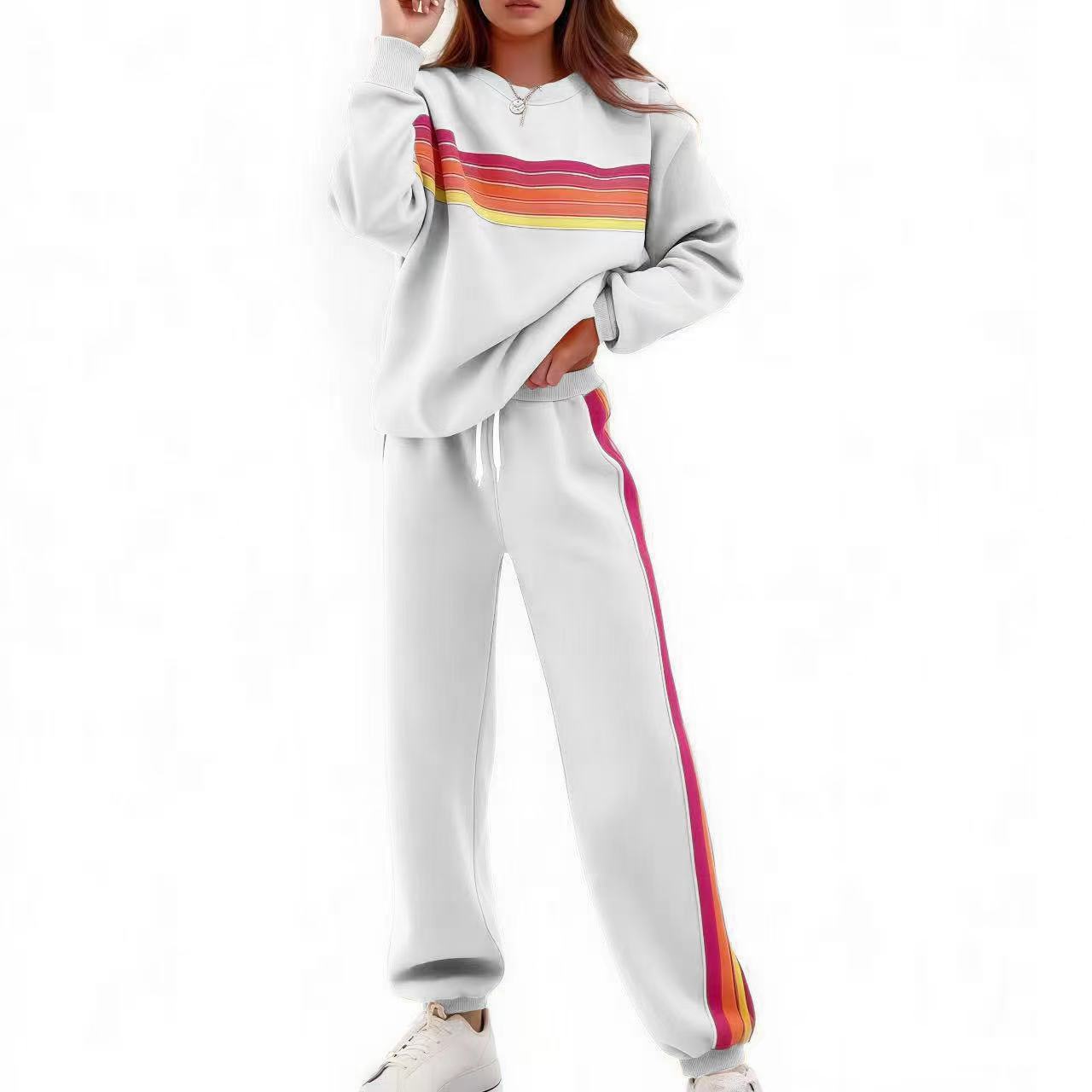 Unisex Round Neck Relaxed Striped Polyester Sweater Pants