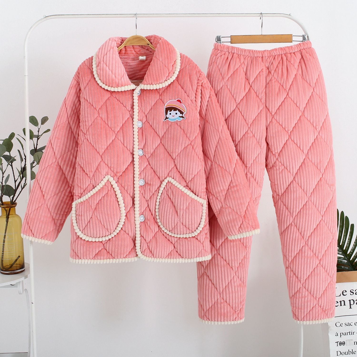 Women's Fashion Coral Fleece Three-layer Thickened Fleece-lined Warm Loungewear