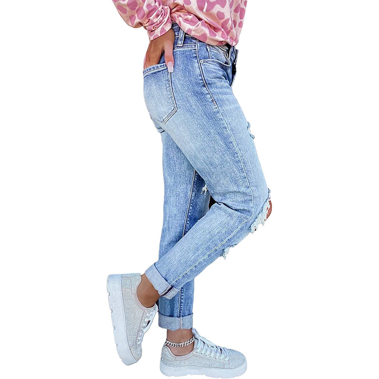 High Waist Slim Fit Distressed Jeans – Women’s Street Style Denim Pants