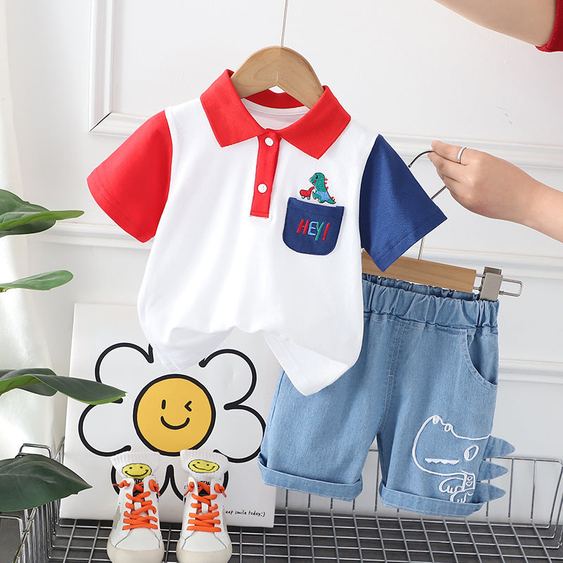 Color Stitching Turnover Neck Short-sleeved Shorts Suit