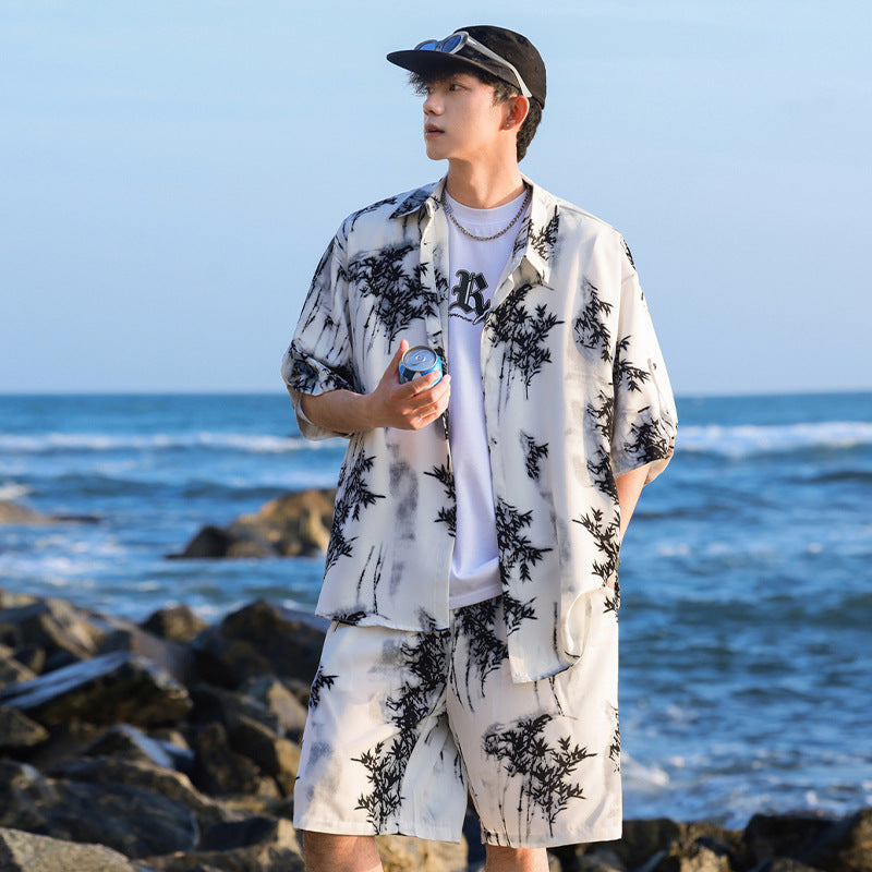 Ice Silk Tie-dye Sports Suit Men's Short-sleeve Shirt Beach Shorts Two-piece Set