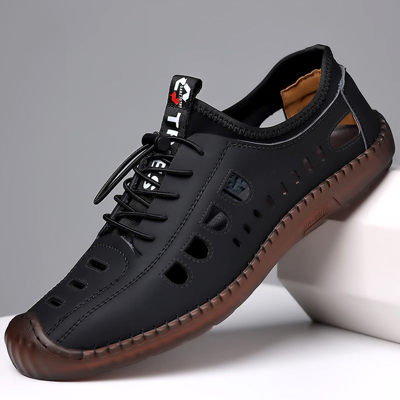 Men's Sandals Hollow Leather Soft Bottom Hole Shoes