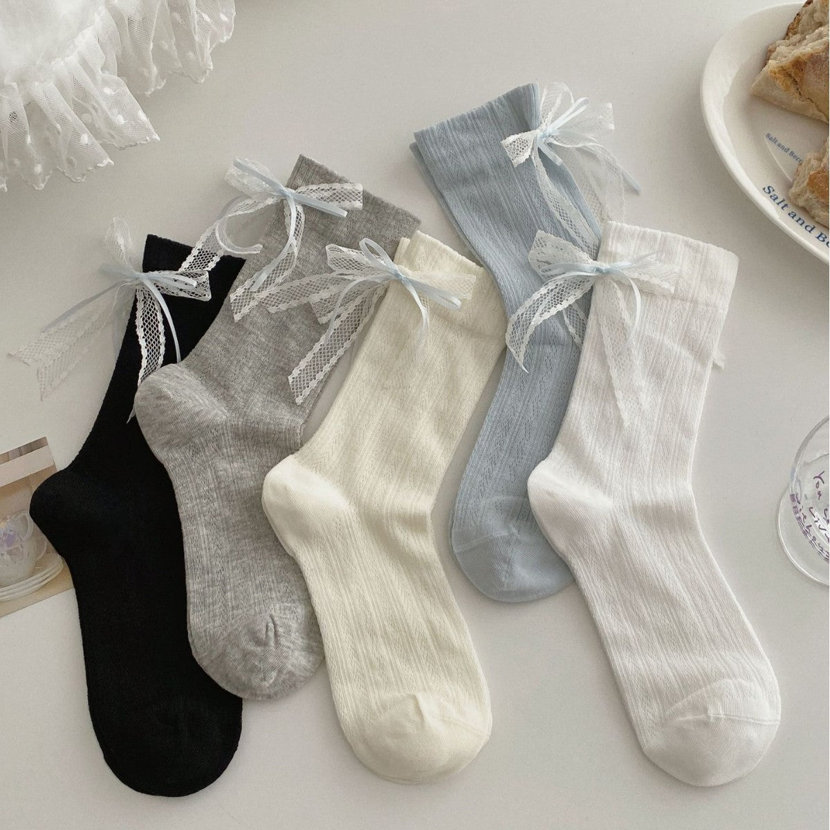 Summer Thin Boneless Ballet Style Japanese Girl Lace Bow Ribbon Mid-Tube Socks for Women