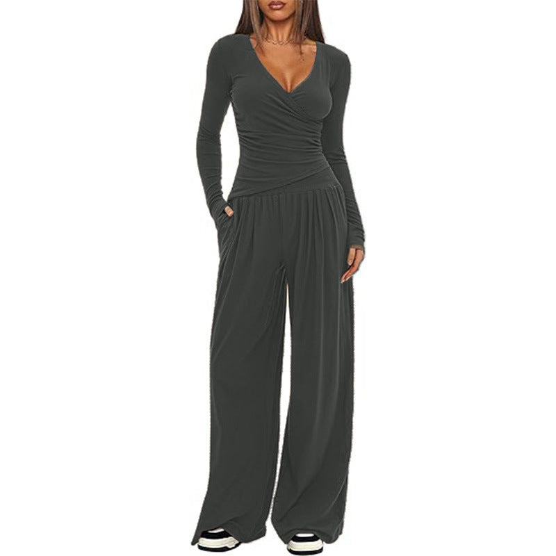 Women Relaxed Fit Polyester Solid Wide Leg Pants Casual