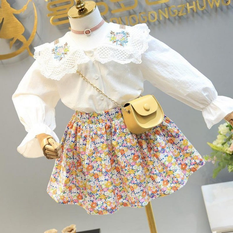 Embroidered Shirt Western Style Floral Half Skirt Children's Twopiece Suit
