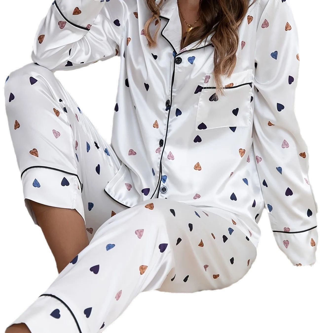 Women's Elastic Satin Pajama Set Long Sleeve Relaxed Fit