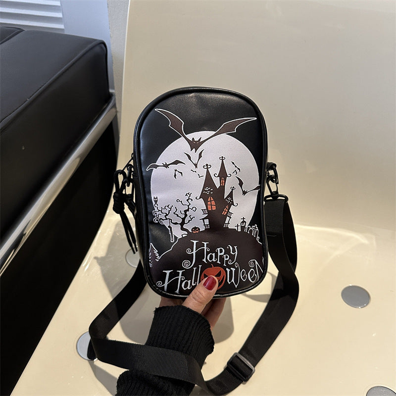 Halloween Crossbody Phone Bag – Cartoon Pumpkin, Ghost, and Bat Print Mini Shoulder Bag for Girls and Women