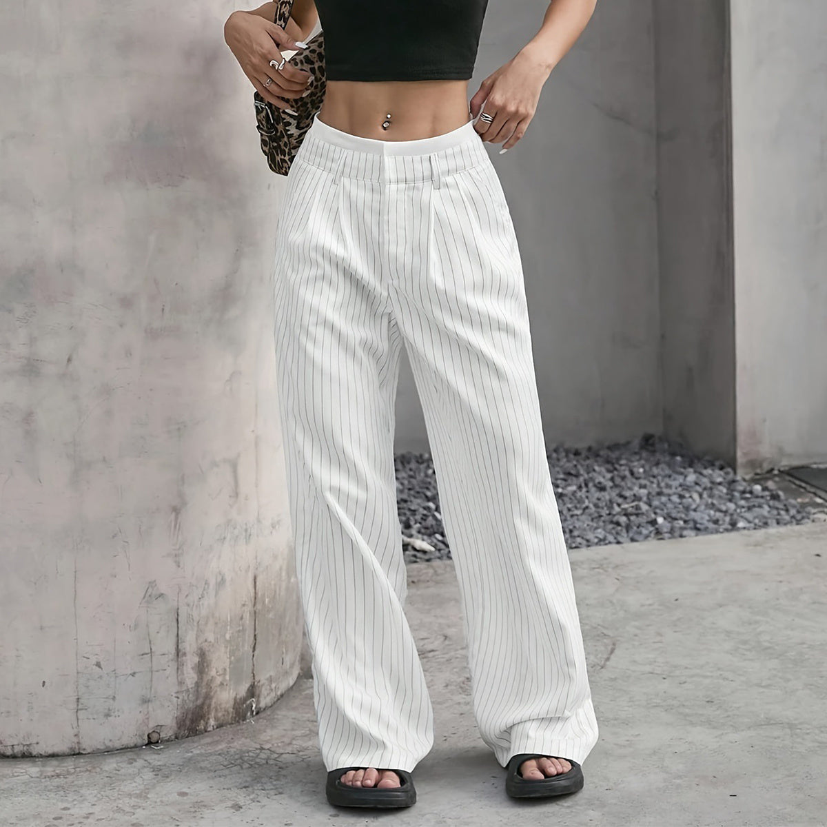 Women’s Striped Suit Pants – High-Waist Straight-Leg Trousers with Pockets & Zipper