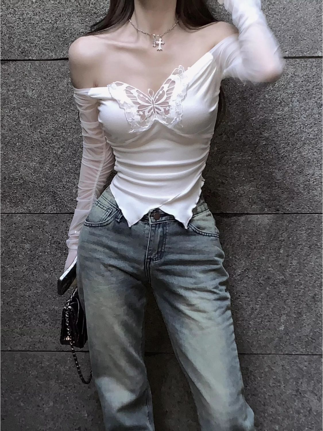 Off-shoulder Long Sleeve Gauzy Stitching T-shirt Women