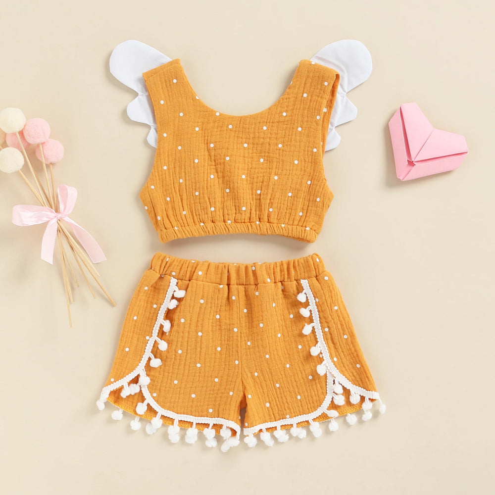 Girls Baby Cotton Linen Polka Dot Outfit – European and American Style Vest and Shorts Set for Children’s Clothing