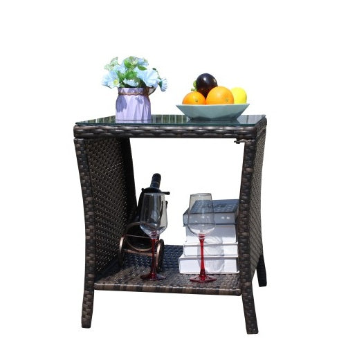 Brown PE Rattan Outdoor Coffee Table with Clear Tempered Glass