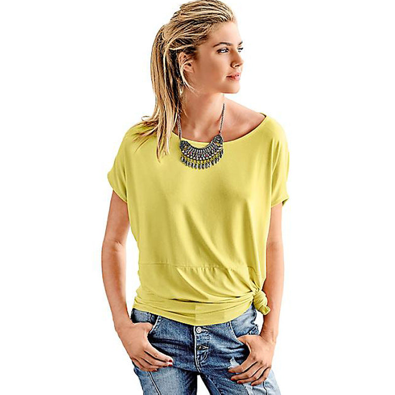 Stitching Hundred Towers Bat Sleeve Knotted Women T-Shirt Top