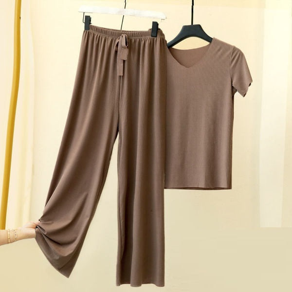 Ladies Temperament Sports Casual Two-Piece Set – Short Sleeve Top & Wide Leg Pants