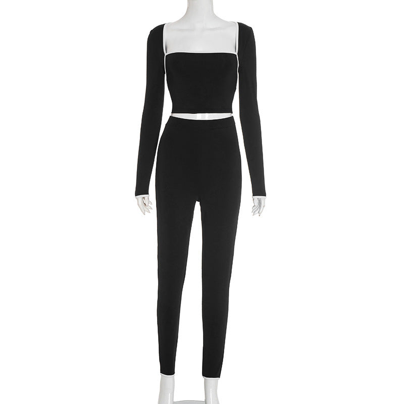 Unisex Slim Polyester Stripe Long Sleeve Top Trousers Suit