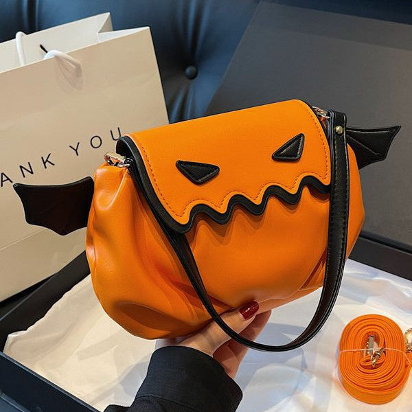 Halloween Pumpkin Crossbody Bag – Funny Cartoon Shoulder Purse with Small Wings