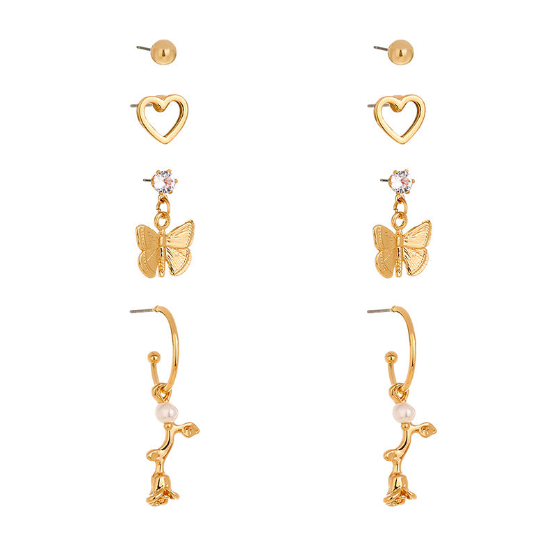Butterfly rose 4-piece set earrings with studs