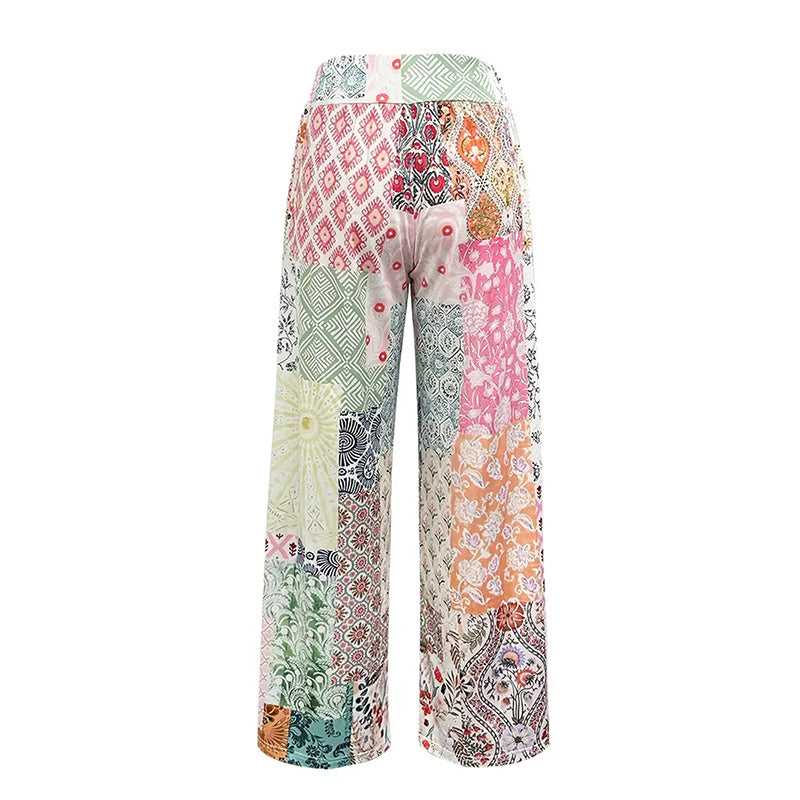 Women’s Geometric Print High-Waisted Wide-Leg Pants – Casual Boho Vacation Trousers