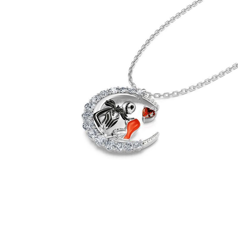 Halloween Moon-Shaped Skull Necklace – Rhinestone Couple Clavicle Pendant Jewelry for Men and Women