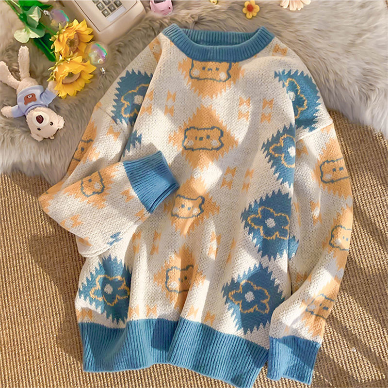 Bear Knitted Crew Neck Pullover Lazy Sweater Women
