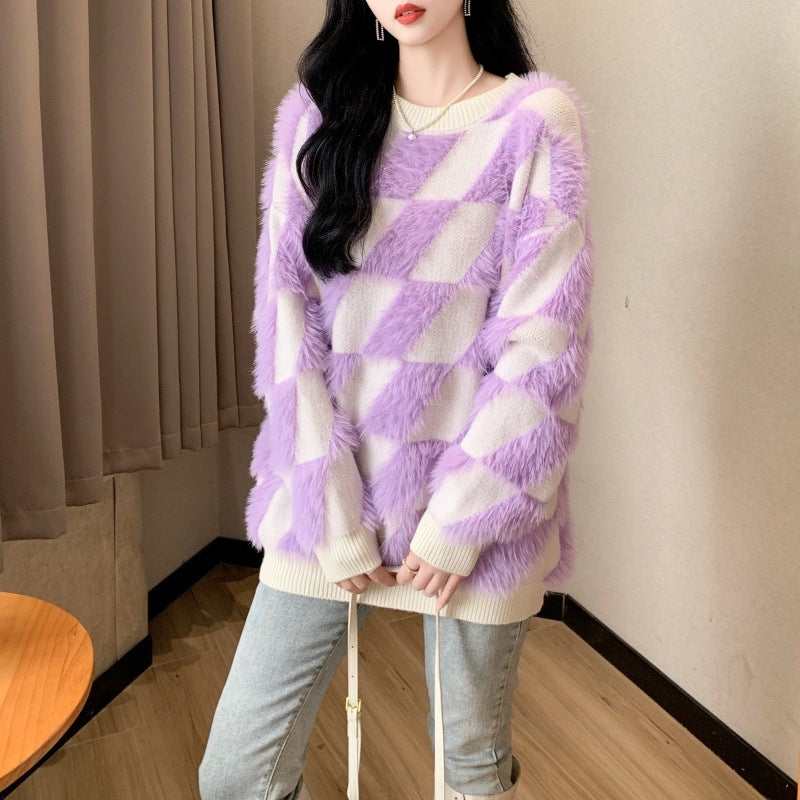 Design Rhombus Flocking Crew Neck Pullover Sweater Women