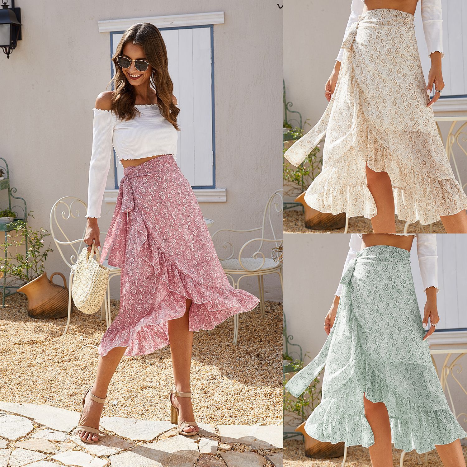 Bohemian Floral Chiffon Irregular Midi Skirt – Lace Print with Silk Lining