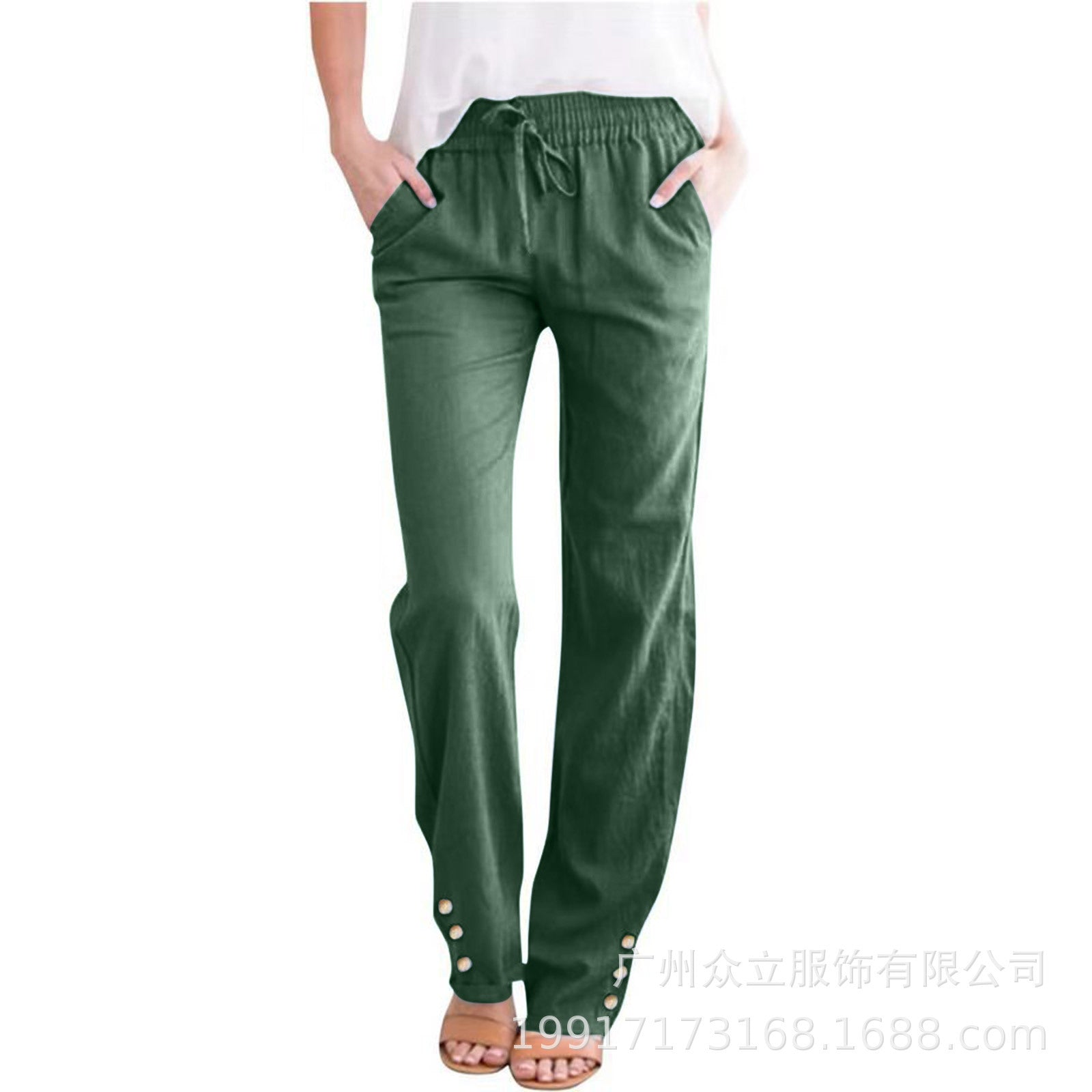 Women’s Cotton-Linen Casual Straight-Leg Pants with Straps