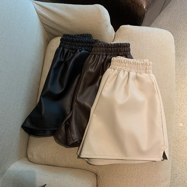 Women’s PU Leather Shorts – High-Waist, Loose Fit with Side Slits, Casual Chic