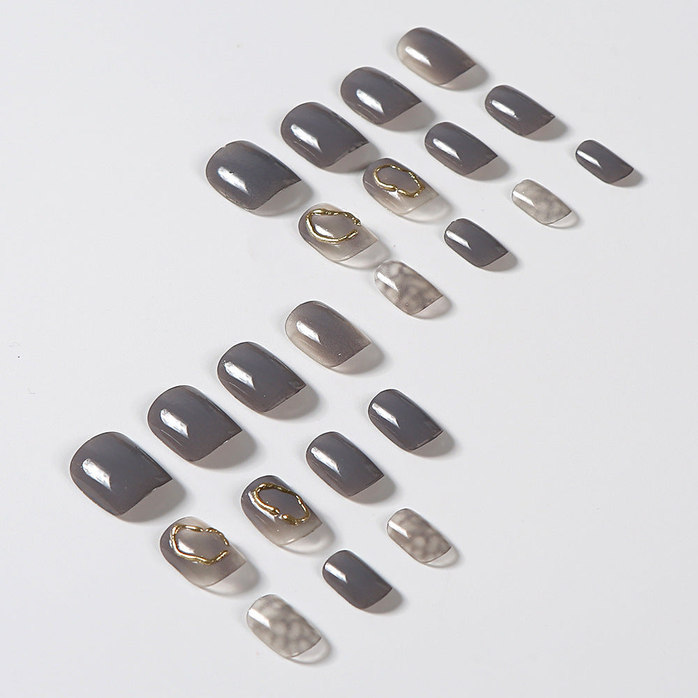 Autumn And Winter Ice Transparent Gray Gold Coil Square Short Nail Tip