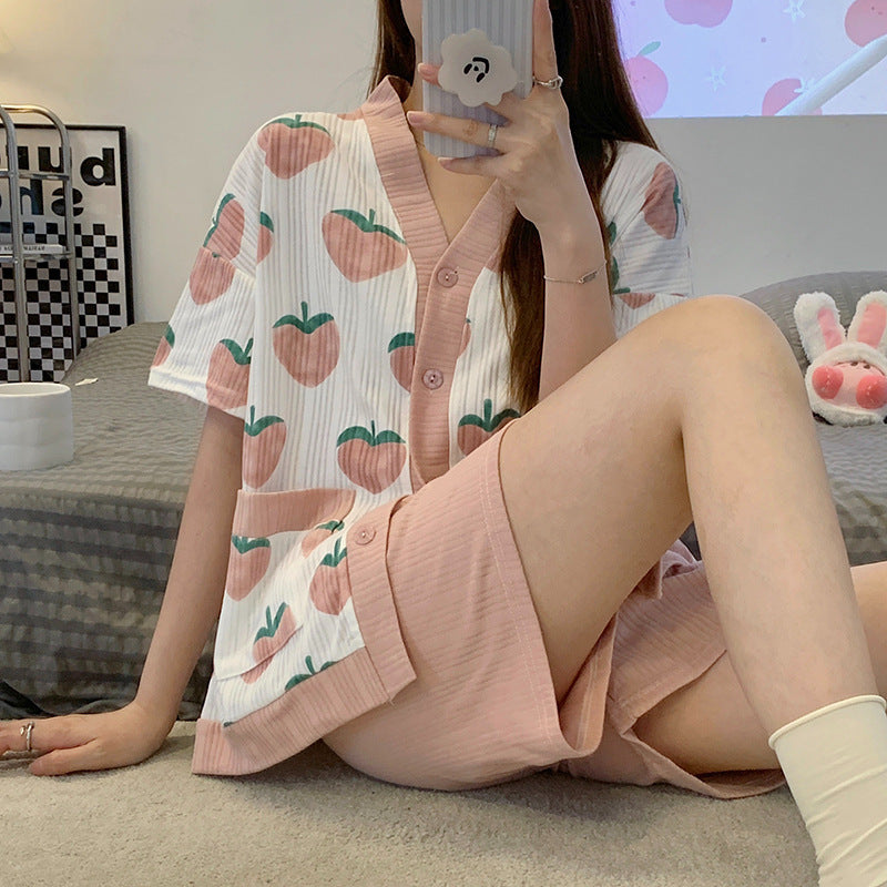 Simple Short-sleeved Honey Printed Peach Home Wear