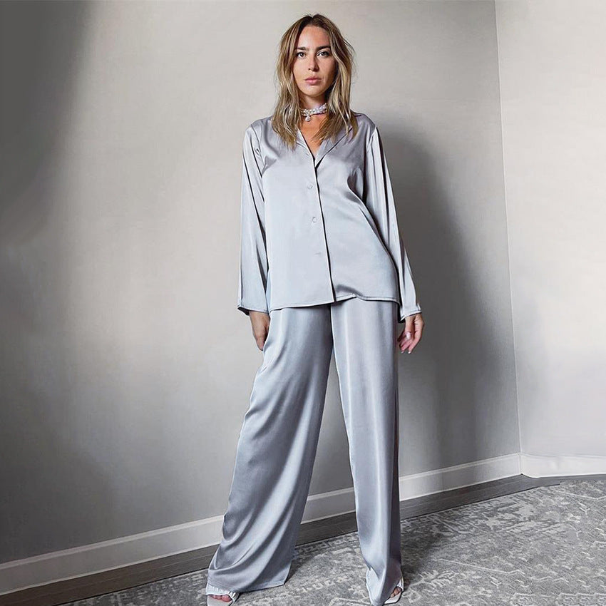 Women's Loose Silky Polyester Homewear Set with Suit Collar