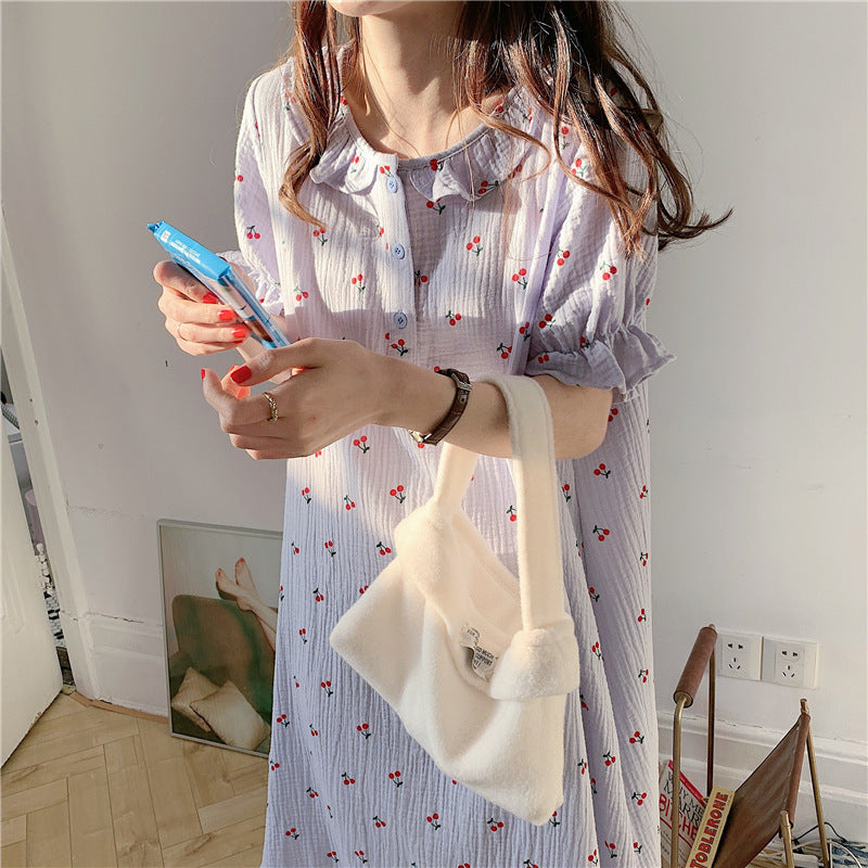 Cute Little Cherry Casual Loungewear Dress Doll Collar Nightdress
