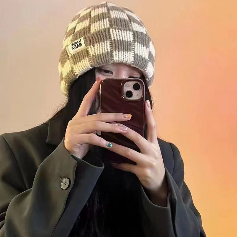 Chessboard Plaid Knitted Hat for Women – Autumn & Winter Korean Style Beanie