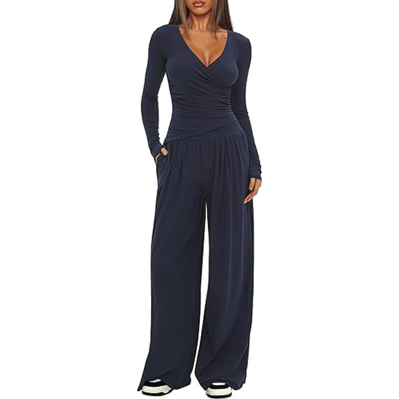 Women Relaxed Fit Polyester Solid Wide Leg Pants Casual
