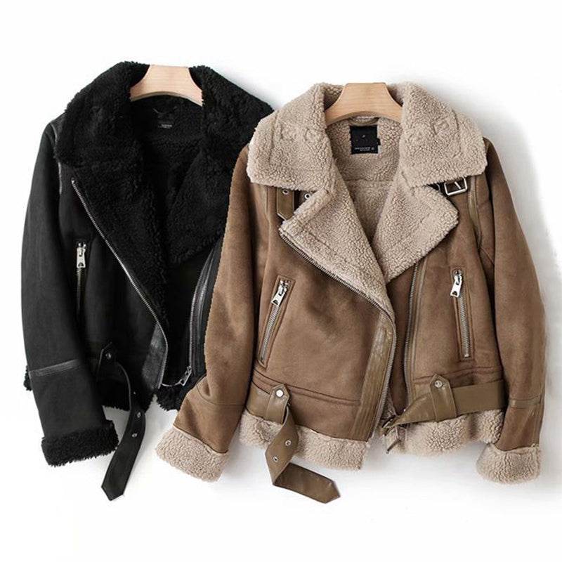 Women's Suede Lamb Wool Winter Lapel Jacket Regular Fit