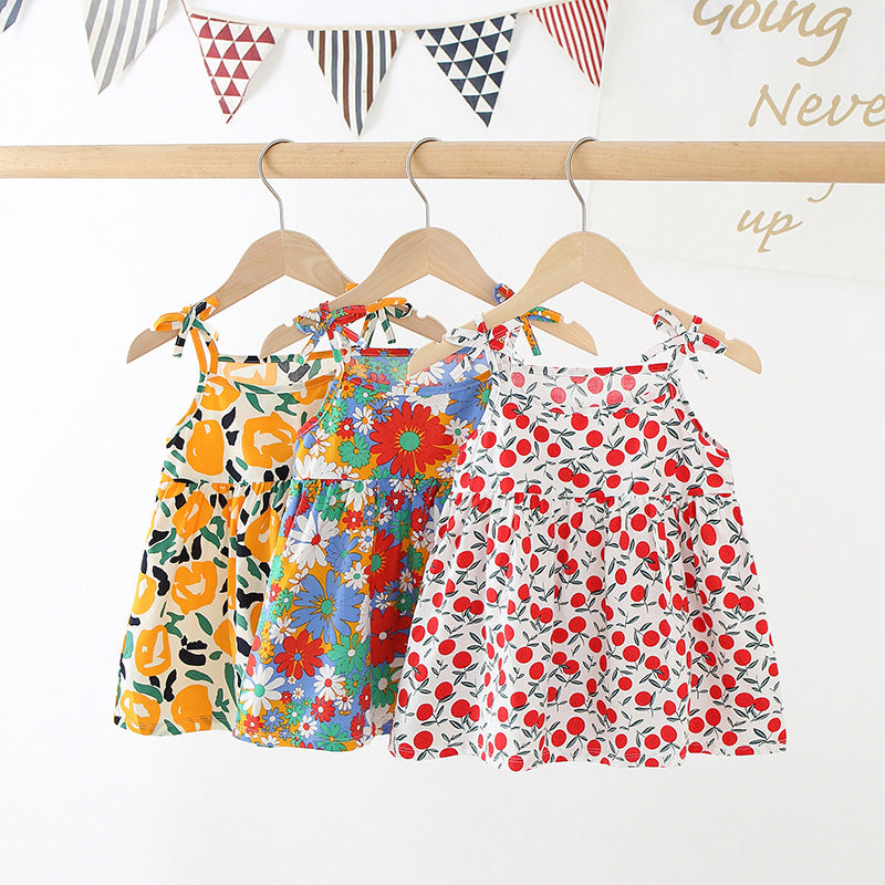 Girls Suspender Cotton Dress Floral Princess Style
