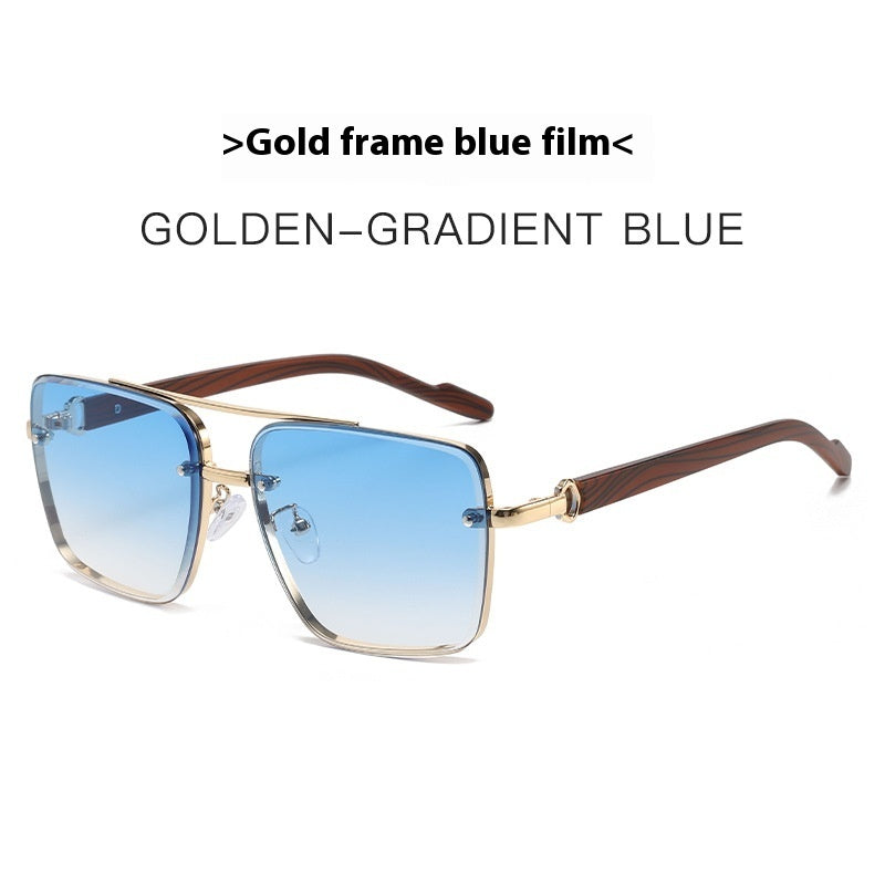 Metal Double Beam Frame Wood Grain Sunglasses