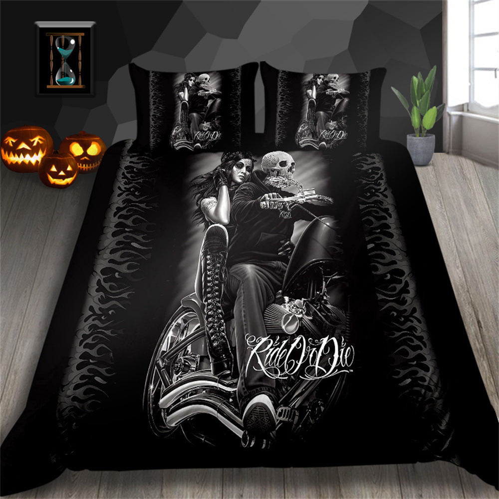 3D Printed Skull Pattern Three-Piece Chemical Fiber Bedding Set