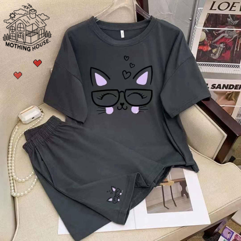 Cartoon Cute Loose Round Neck Pullover Double Short Leisure Sports Suit
