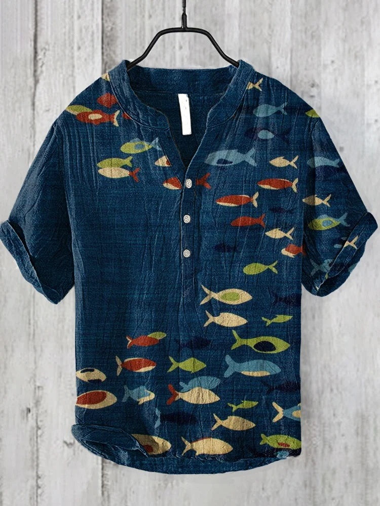 Printed V-neck Men's 3 Breasted Pullover Short Sleeve Shirt