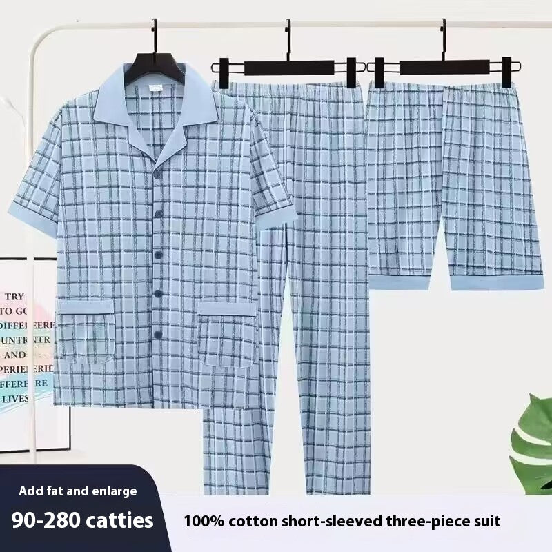 Three-piece Pajamas Men's Summer Pure Cotton Short Sleeve Trousers Suit
