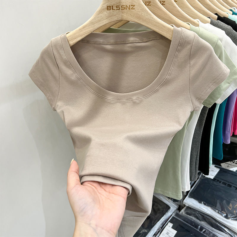 Women's Cotton Short-sleeved T-shirt Sweet And Spicy Collarbone Design Sense Slim-fit Crop-top