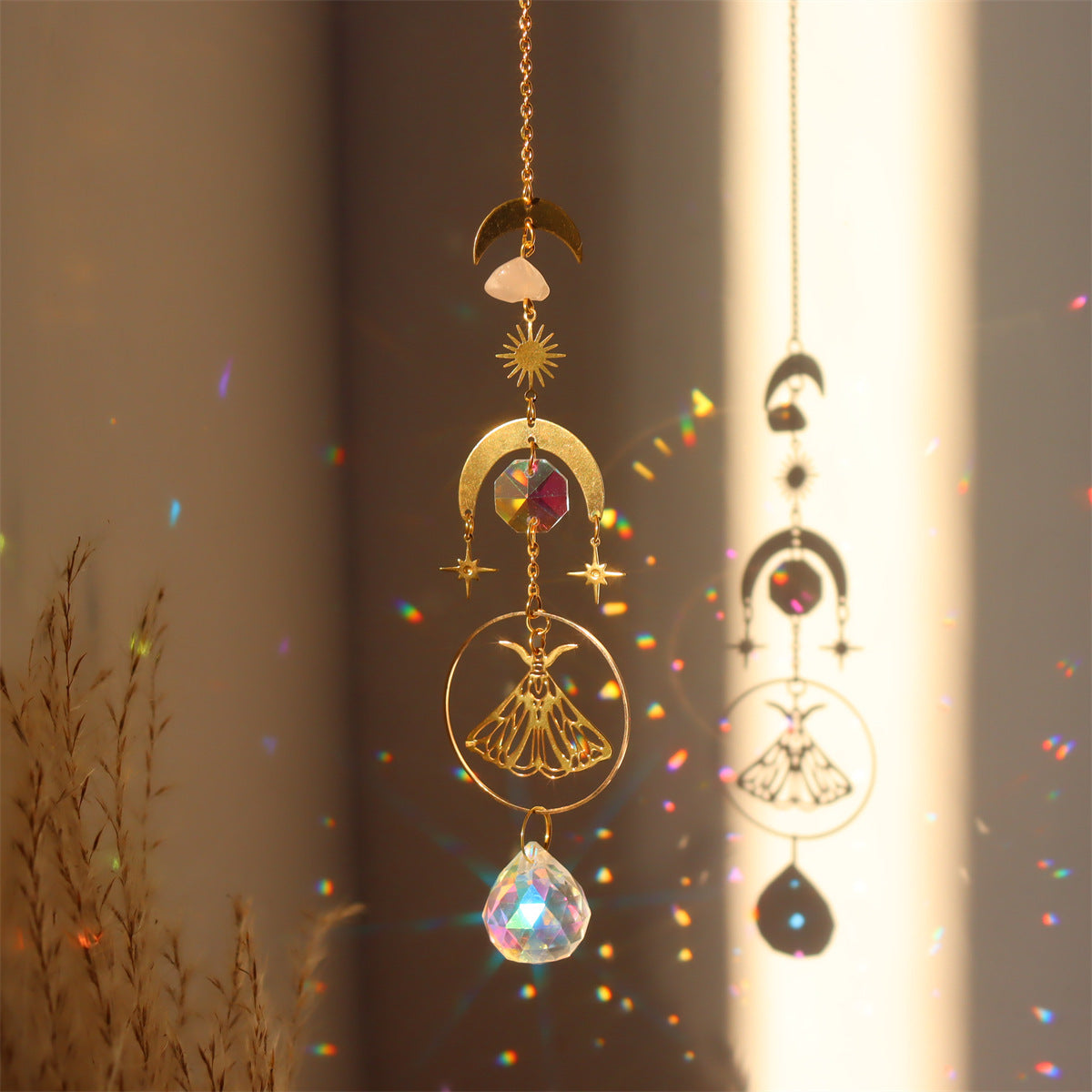 Brass Butterfly Moth Crystal Sun Catcher Pink Crystal Rough Stone Window Room Decoration Hanging Ornament