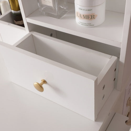 Vanity Desk With Lighted Mirror & Power Outlet, Makeup Vanity Desk With Drawers And Cabinet, Sturdy Iron Bracket, Make Up Vanity Table For Bedroom, White