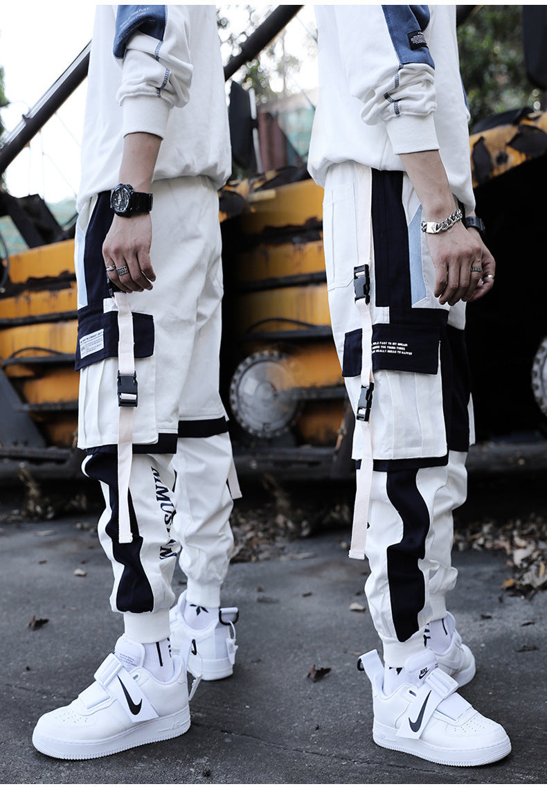 Men’s Hip-Hop Contrast Stitch Drawstring Cargo Pants – Streetwear Style
