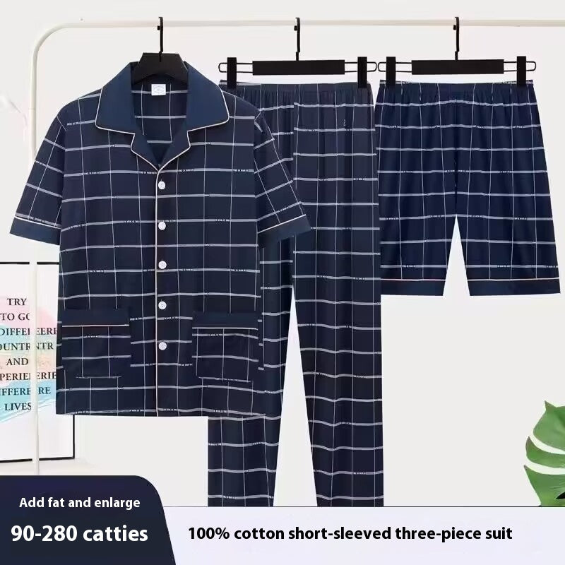 Three-piece Pajamas Men's Summer Pure Cotton Short Sleeve Trousers Suit